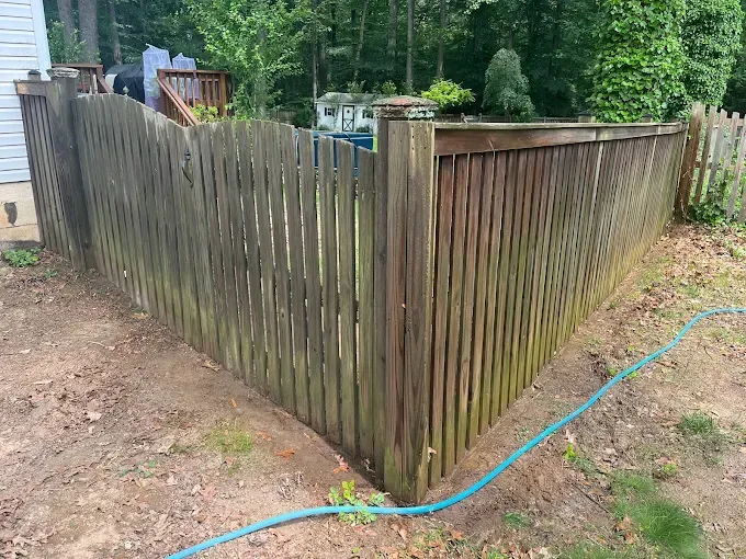 An outdoor wooden fence corner with visible weathering and green algae, located in a yard with trees in the background.