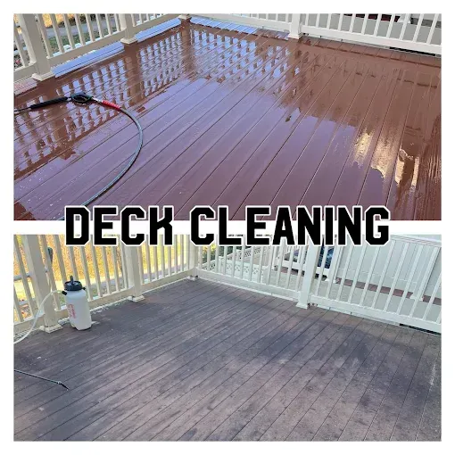 A split-screen comparison of a wooden deck before and after professional cleaning, showing a clean, wet surface versus dull.