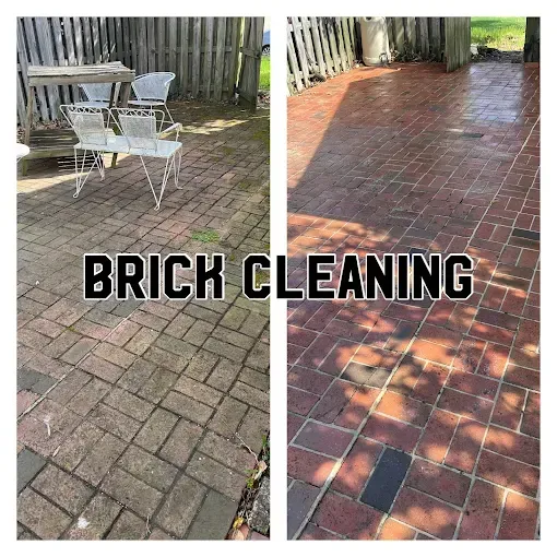 Before and after comparison of a brick patio showing a dramatic difference in color after cleaning.