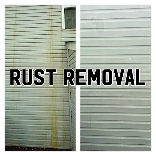 Before and after comparison showing rust stain removal from light-colored vinyl house siding.