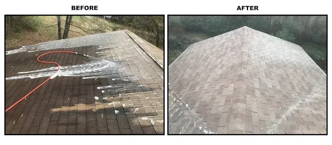Split-screen view of a dirty brown roof being cleaned, followed by the same roof appearing clean and bright afterward.