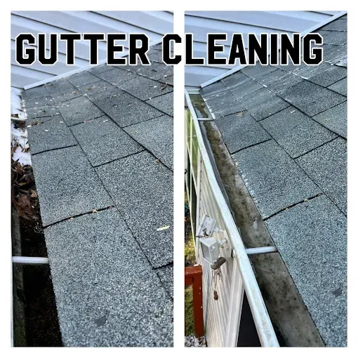 Before and after comparison of a roof gutter filled with debris, then cleaned, with the text 