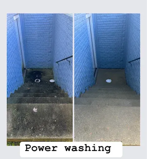 A split-screen comparison of concrete basement stairs before and after power washing, showing a dramatic clean-up.