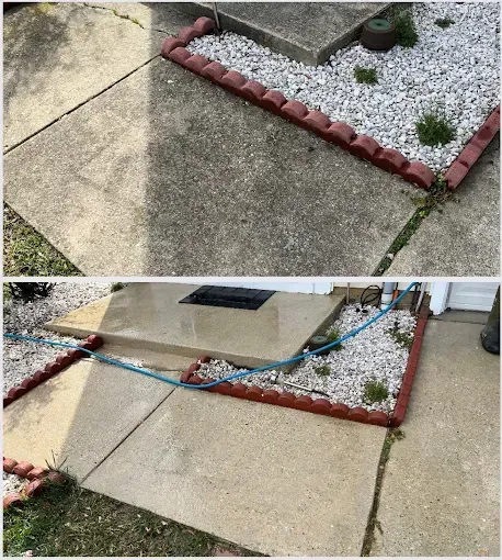 Before and after of a concrete walkway and landing being power-washed, showing cleaner surfaces next to red border bricks.