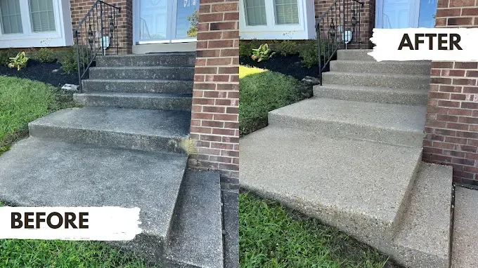 Split-screen comparison showing concrete steps before and after professional power washing.