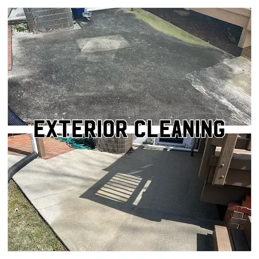 Before and after comparison of a concrete patio showing a significant improvement in cleanliness after exterior cleaning.