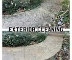 Before and after comparison of a stone walkway being pressure washed, featuring the text 