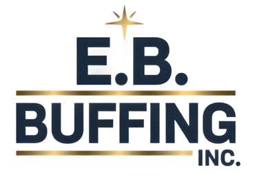 E.B. Buffing Logo, blue letters with gold sparkle and underlines.