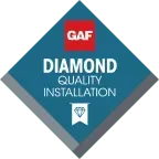 GAF Diamond Quality Installation logo. Teal diamond with white text, red GAF box, and diamond pennant.