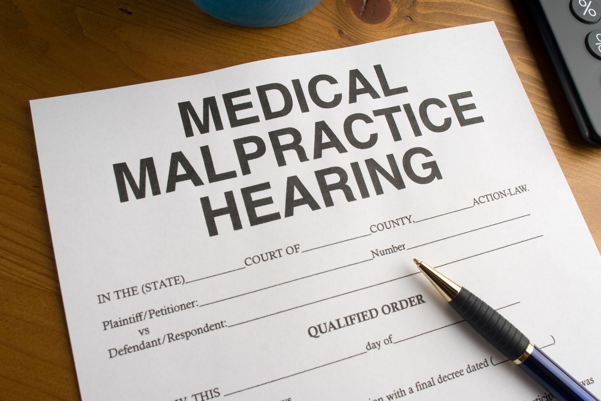 Medical malpractice hearing document with pen, next to a calculator and blue item on a wooden surface.