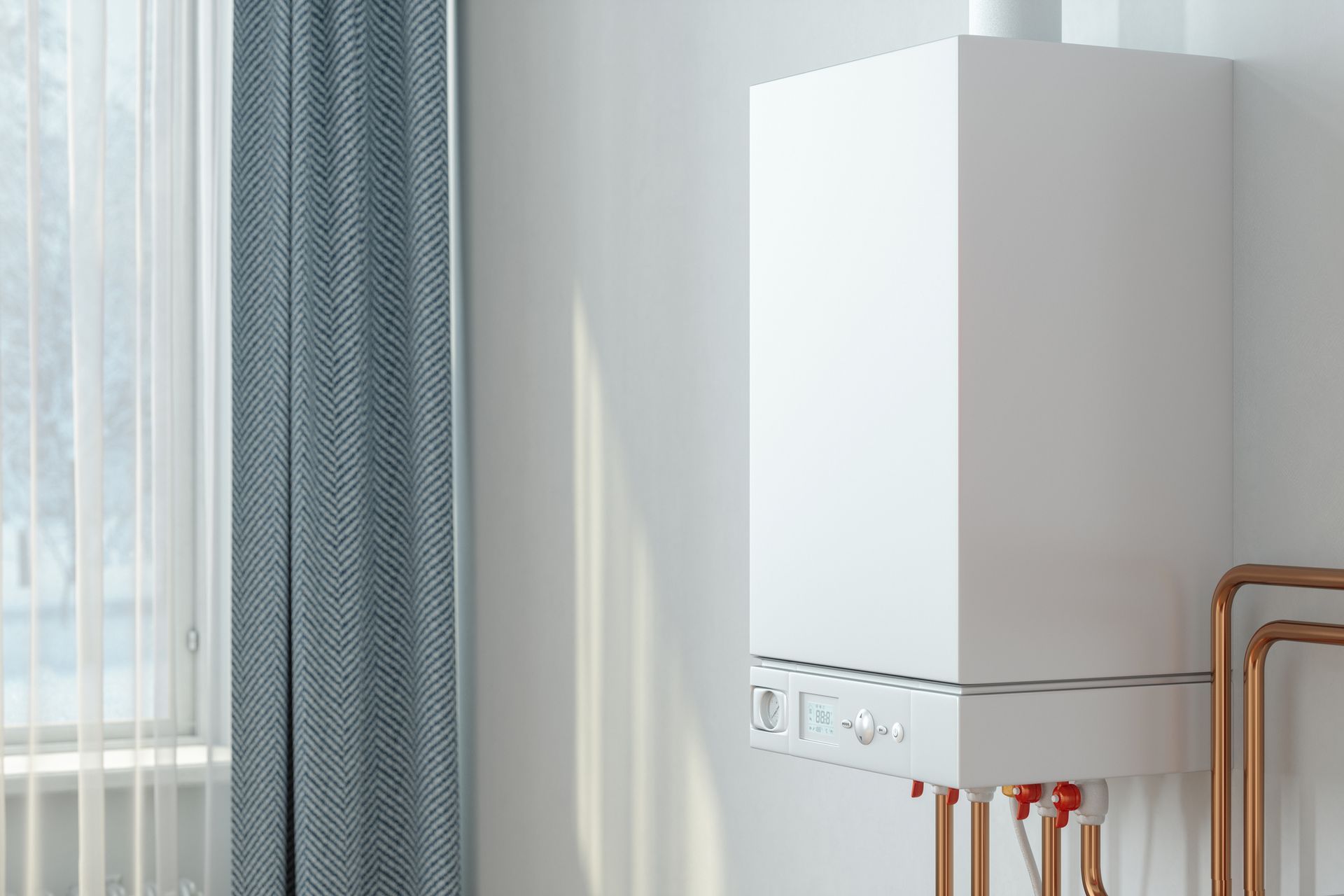 A white boiler is sitting next to a window in a room.