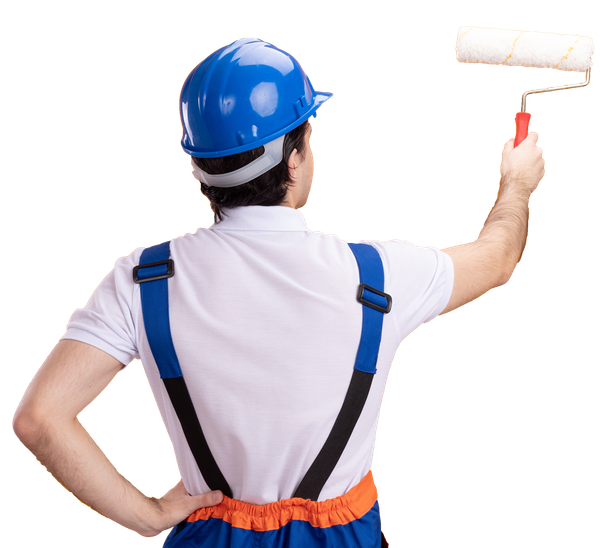 Worker in blue helmet painting a wall with a roller, seen from behind.
