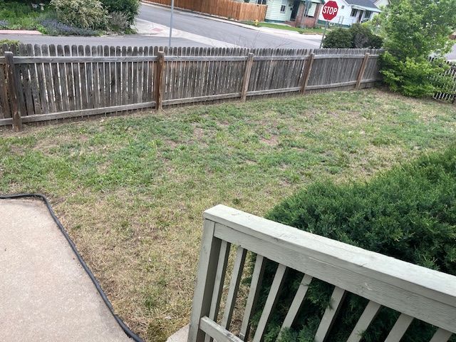 A yard with a wooden fence and a stop sign in the background.