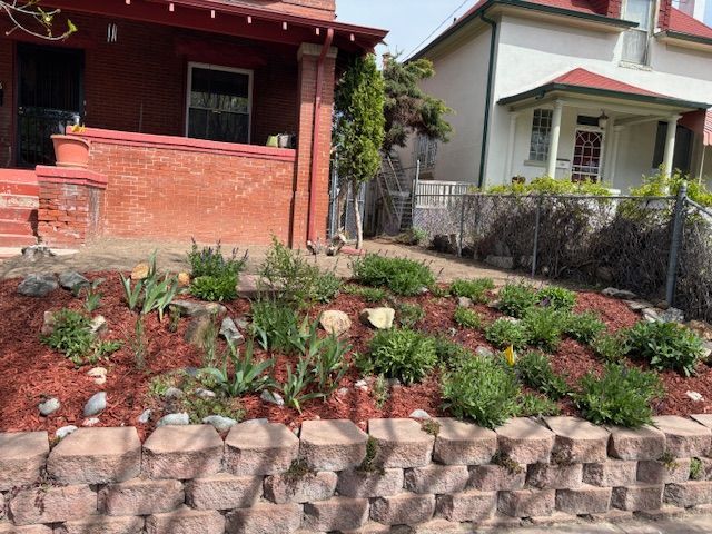 A brick wall with plants growing on it in front of a house.