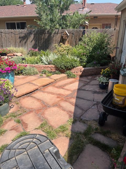 A backyard with a wheelbarrow full of buckets and flowers