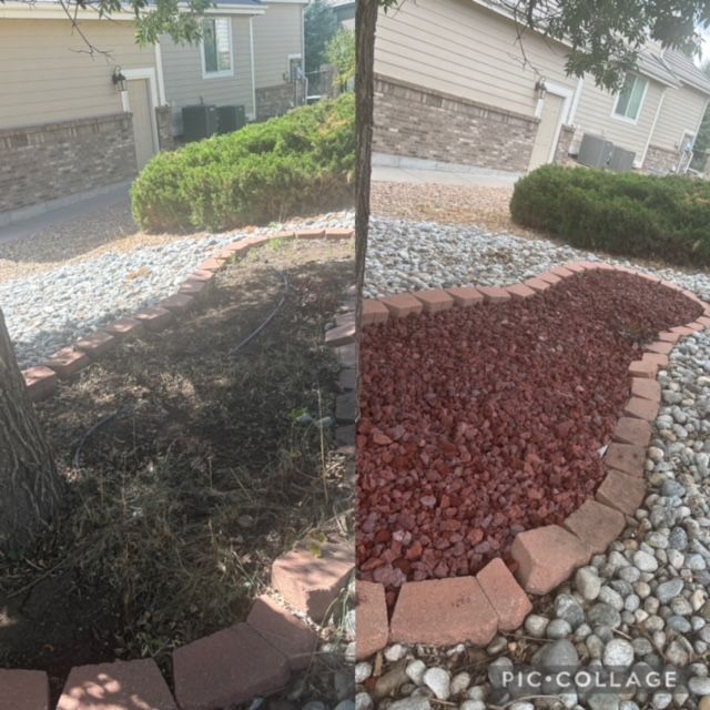 A before and after picture of a garden with bricks and gravel.