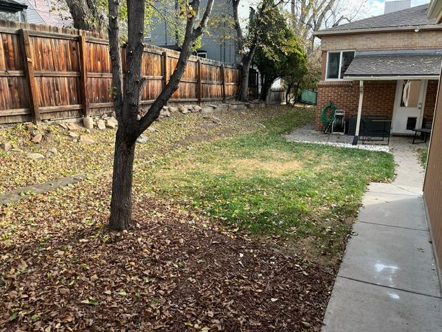 The backyard of a house with a wooden fence and a tree.