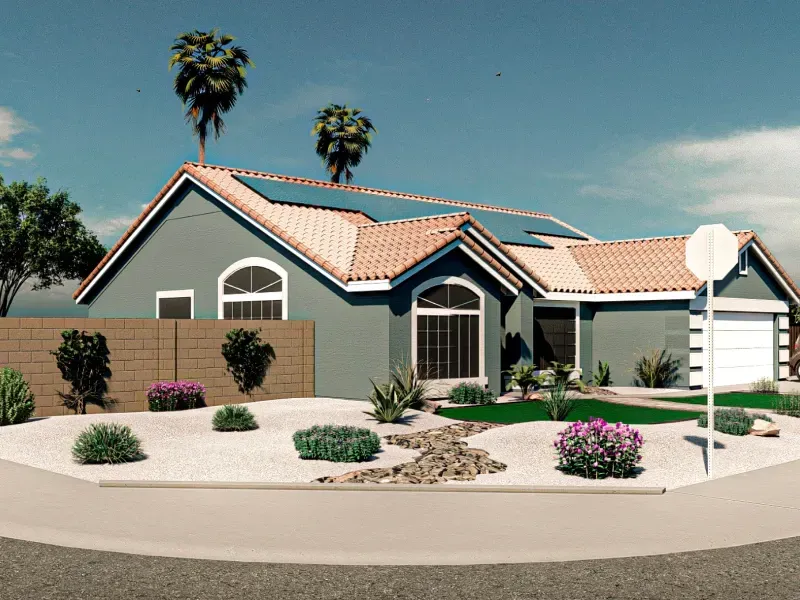A stucco house with solar panels, a red-tiled roof, and desert landscaping.