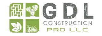 Logo for GDL Construction Pro LLC, featuring green squares with plant icons and gray text.