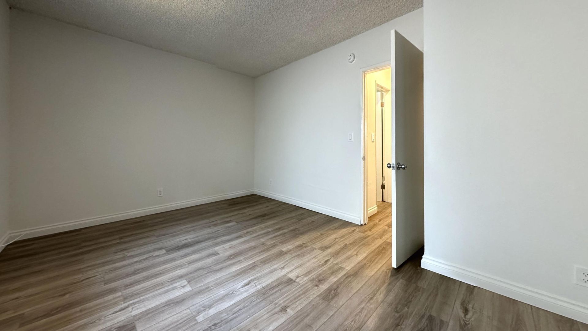 Empty room with wood-look floor, white walls, and a door leading to a hallway.