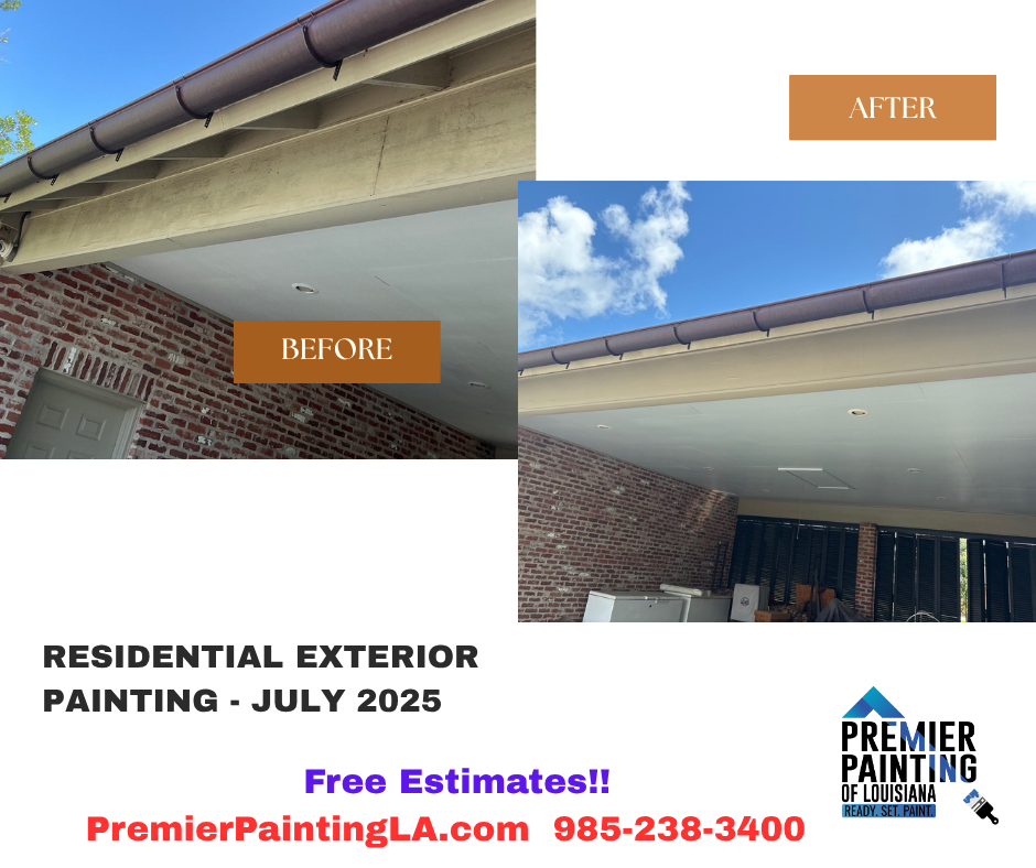 Before and after of residential exterior painting, brick and ceiling with Premier Painting logo, phone, and website.