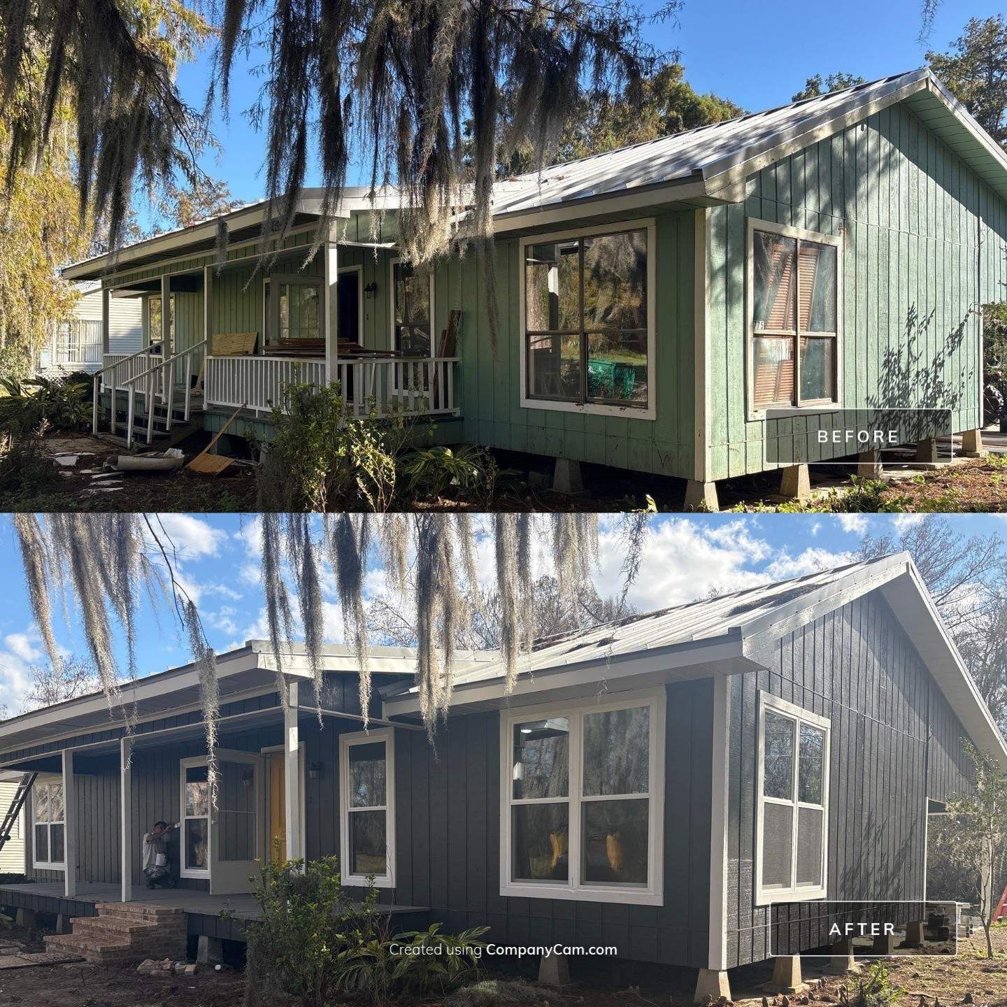 Before-and-after of a small house; green paint contrasted with black paint, white trim, sunny setting.