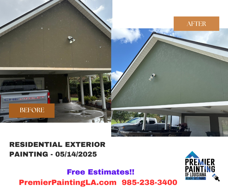 A before and after picture of a residential exterior painting