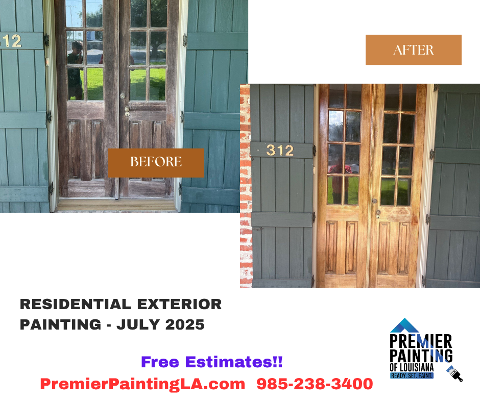 Before and after of painted doors and shutters. Residential exterior painting, Premier Painting.