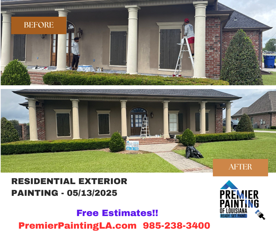 A before and after picture of a residential exterior painting