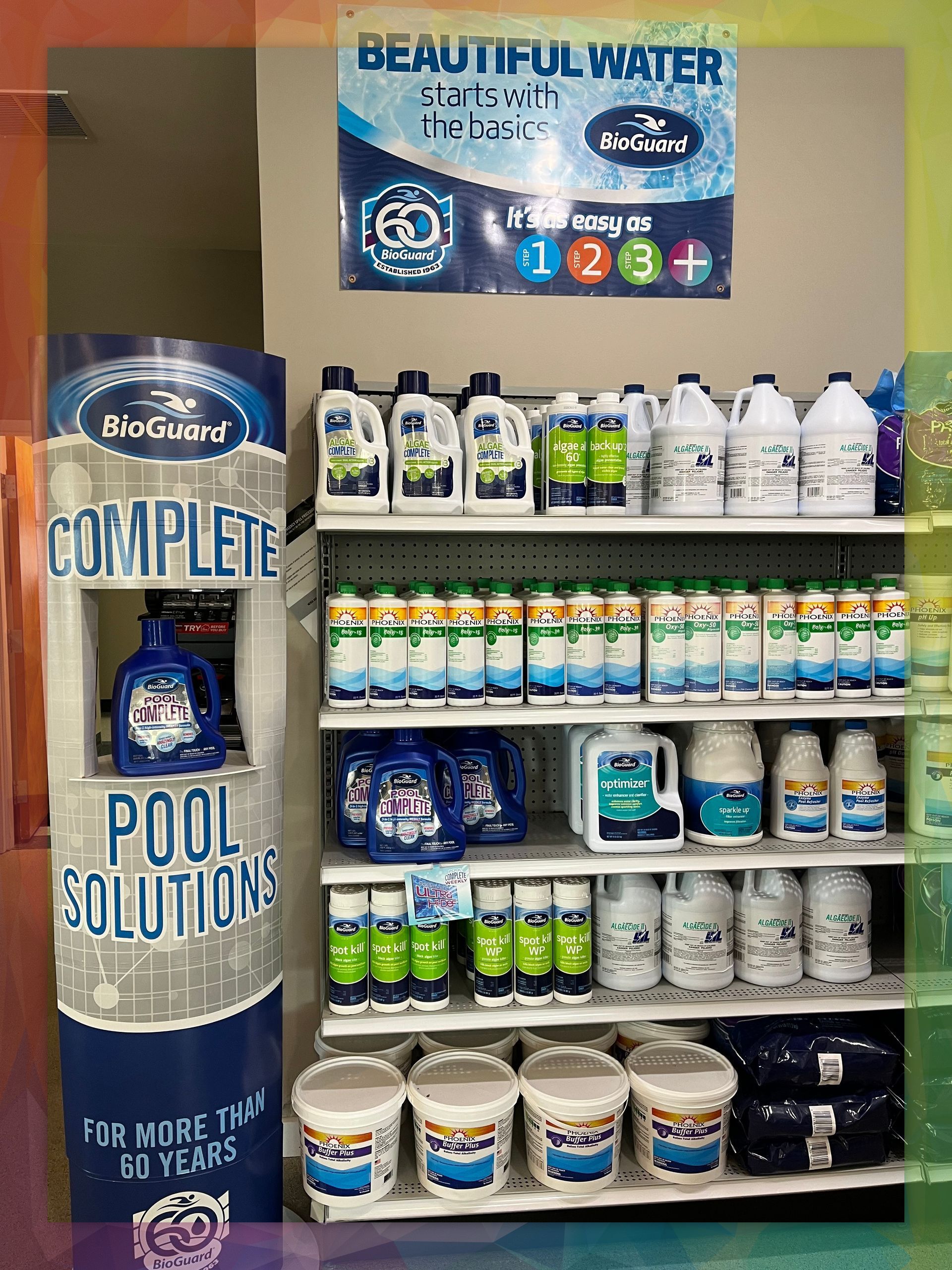A display of pool supplies in a store with a sign that says `` beautiful water ''.