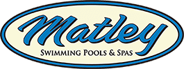 The logo for matley swimming pools and spas is blue and white.