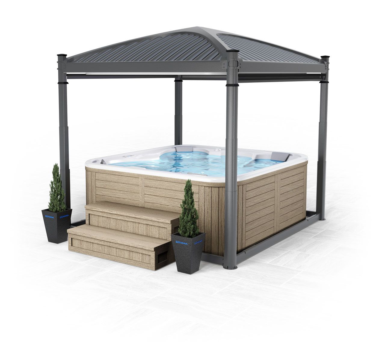 A hot tub under a canopy with steps and potted plants.