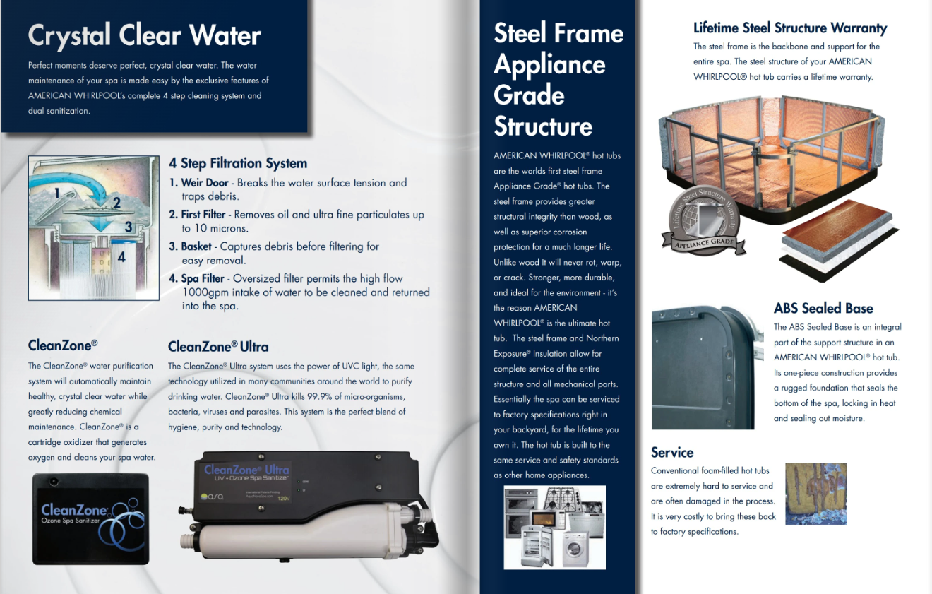 A brochure about crystal clear water and steel frame appliance grade structure