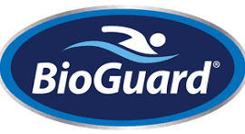A blue and white logo for bioguard with a picture of a person swimming