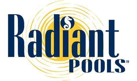 The logo for radiant pools is blue and yellow with a swirl in the middle.
