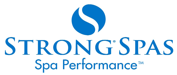 The strong spas spa performance logo is blue and white
