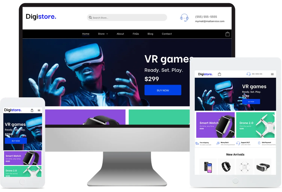 A computer , tablet , and phone displaying a website for a virtual reality game.