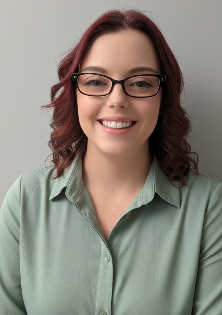 Woman in pink blazer and jeans at outdoor table, holding mug. Laptop and notepad on table.
