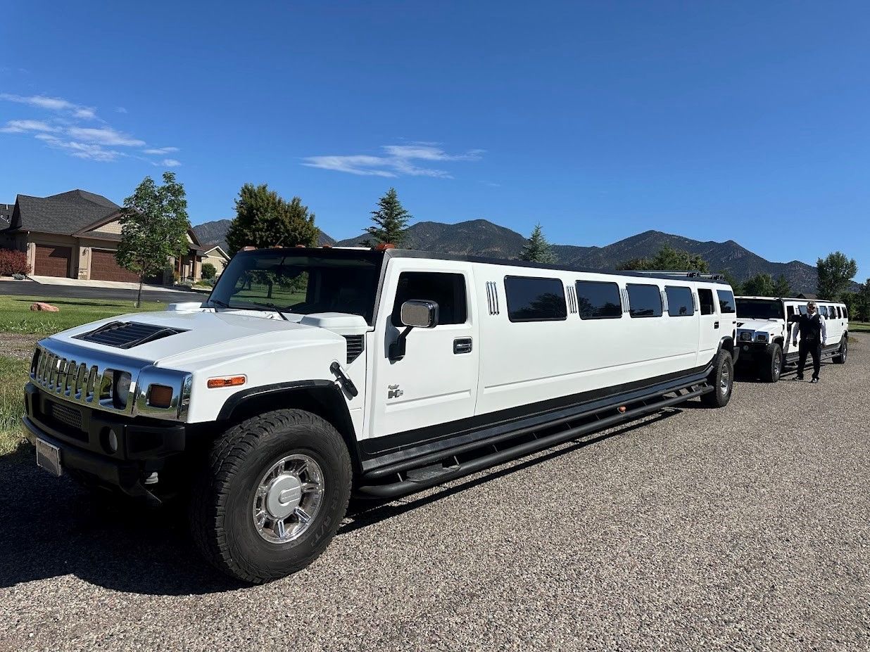 A white hummer limousine is parked in a dirt field.