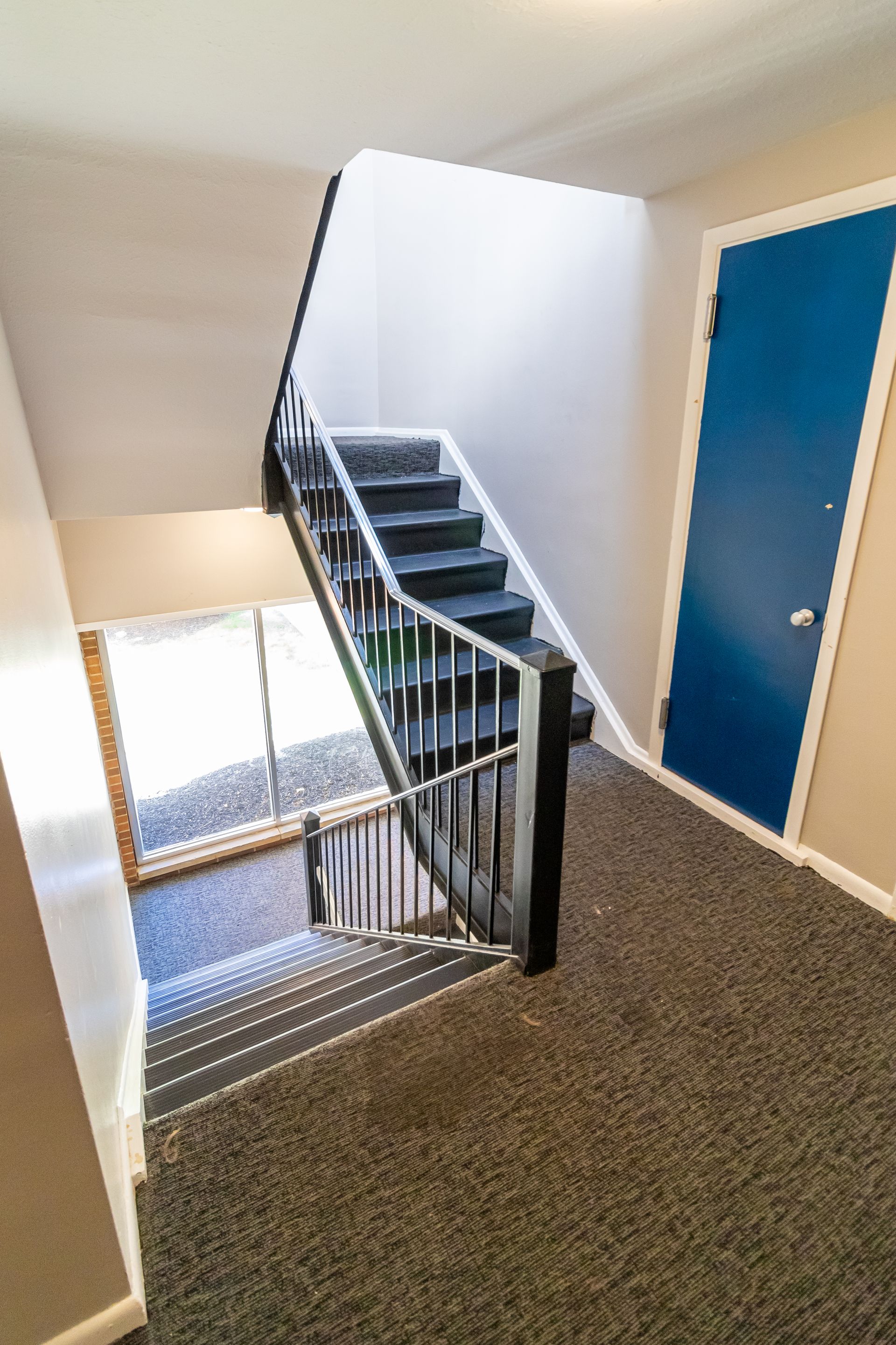 Staircase with black railing and carpeted steps; blue door on the right.