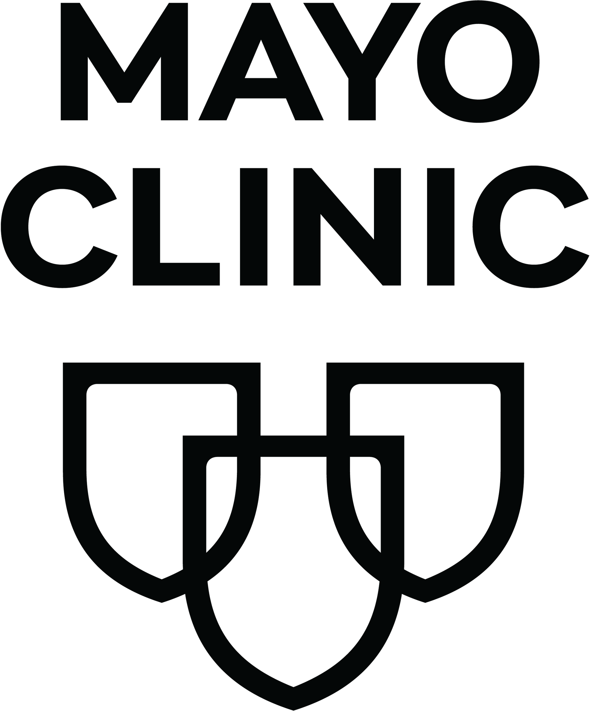 The mayo clinic logo is black and white with a shield.