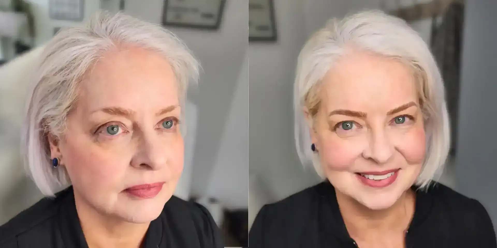A before and after photo of a woman with white hair.