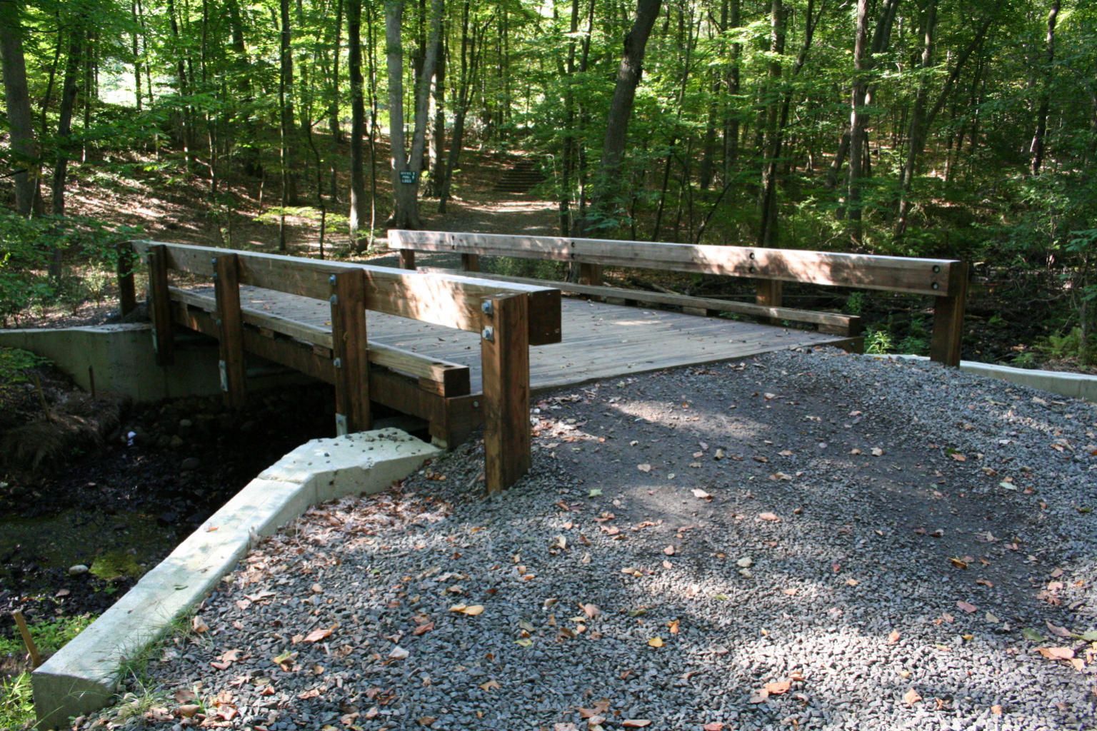A wooden bridge over a stream in the woods