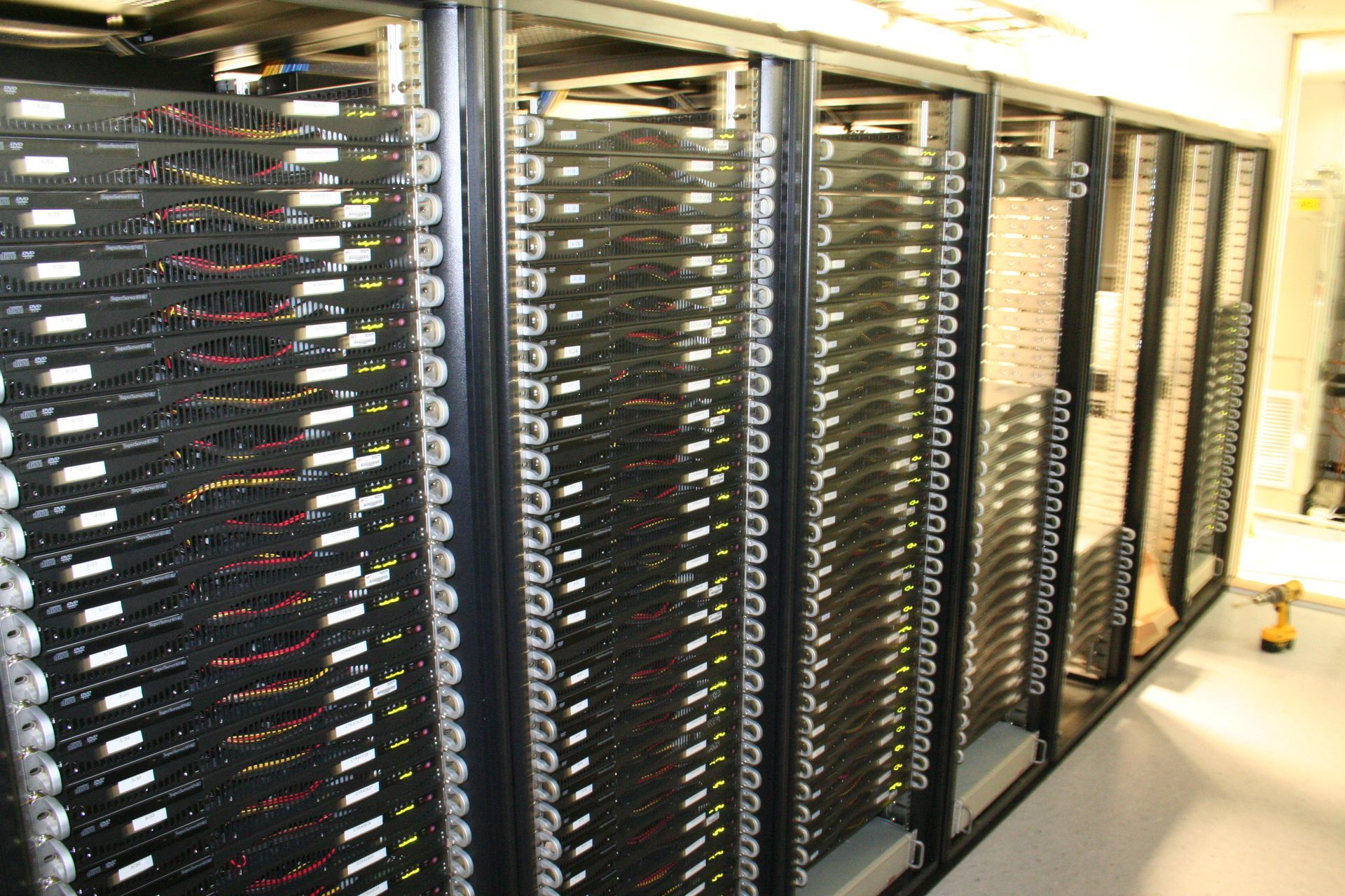 A row of server racks in a data center