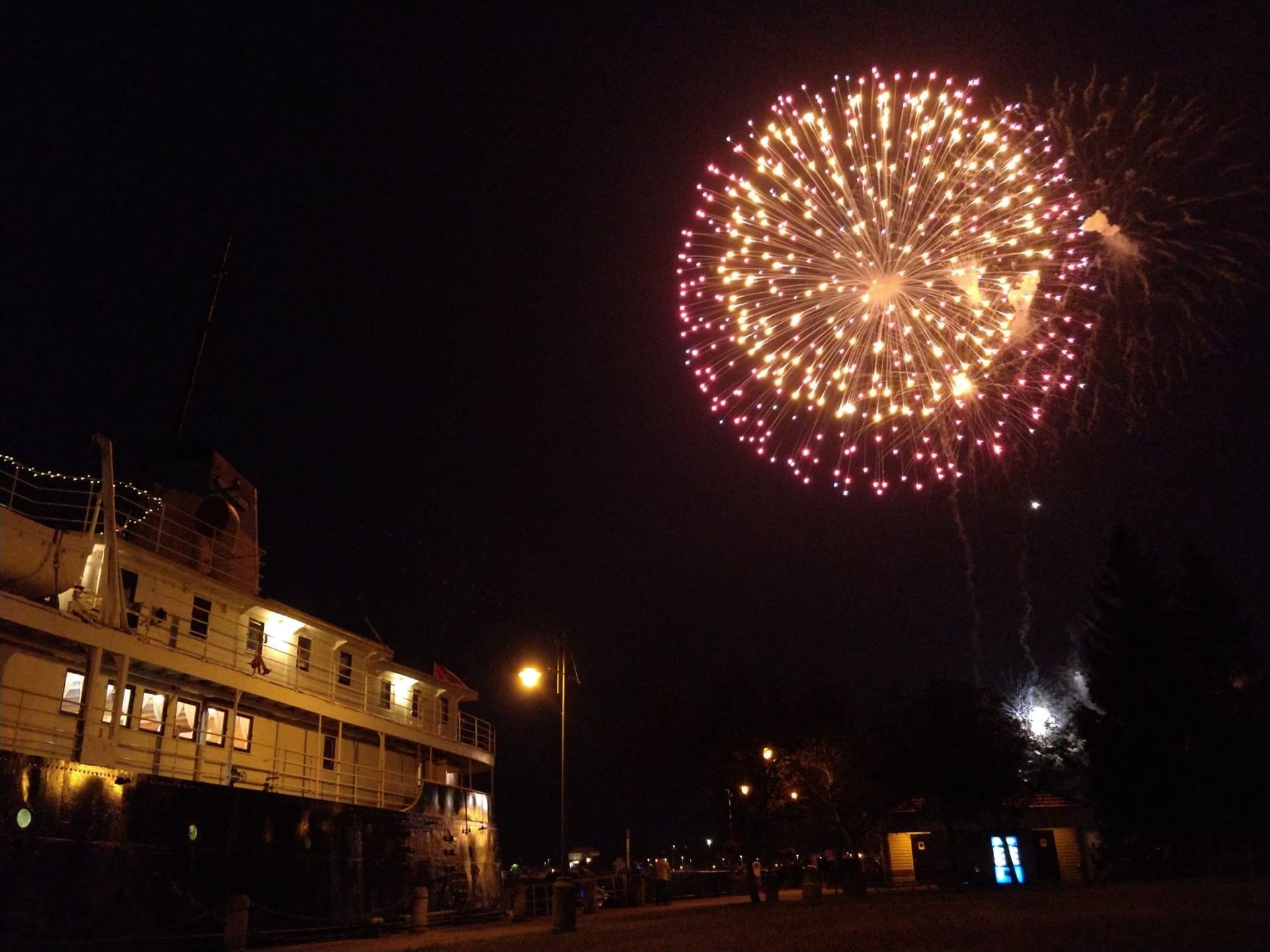 An image of Norgoma, the old boat in the Sault Ste Marie, Canada side on the 4th of July, when fireworks were going off in USA.