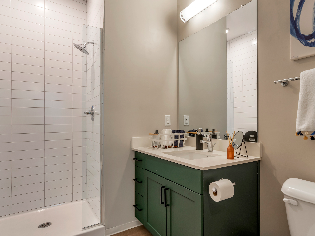 Uncommon Auburn Bathroom with Sink and Dark Green Cabinet.
