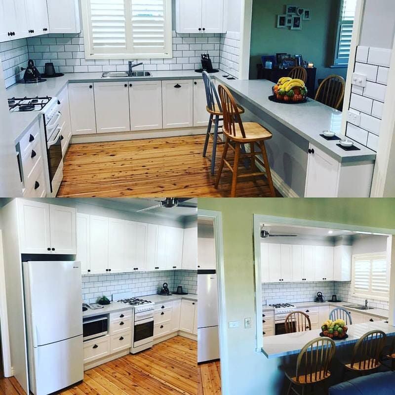 A Before and After Photo of A Kitchen with White Cabinets and Wooden Floors — Burns Custom Kitchens in Newcastle, NSW