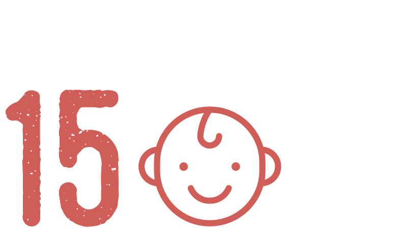 A red number 15 with a smiling baby face.