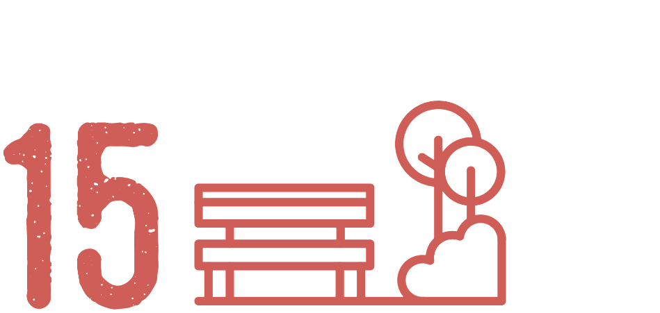 A red line drawing of a park bench and a tree.
