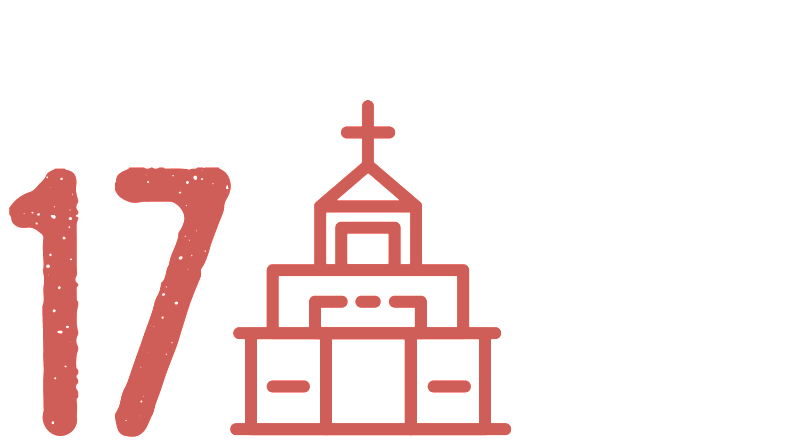 A red icon of a church with the number 17 next to it.